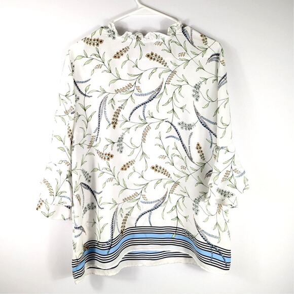 Ann Taylor Factory Blouse Medium Floral Ruffle Sleeve White Blue Top Pullover - Picture 3 of 3
